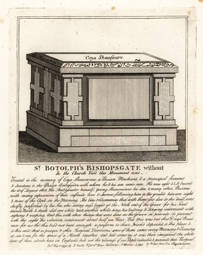 Muslimien alttarityylinen hautamonumentti Coya Shawswarelle tai Khwaja Shahsuwarille (1582-1626), kauppias ja Nogdin kerjäläissihteeri, Persian suurlähettiläs, entinen St Botolphsissa, Bishopsgatessa tekijältä John Thomas Smith