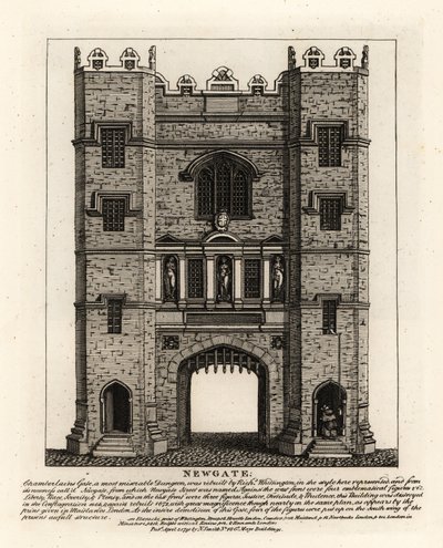 Newgate, rakennettiin uudelleen vuonna 1672 Lontoon palon jälkeen, ja siinä on kolme hahmoa Justice, Fortitude ja Prudence Lontoon pormestarin Richard Wittingtonin rakentamasta entisestä portista tekijältä John Thomas Smith