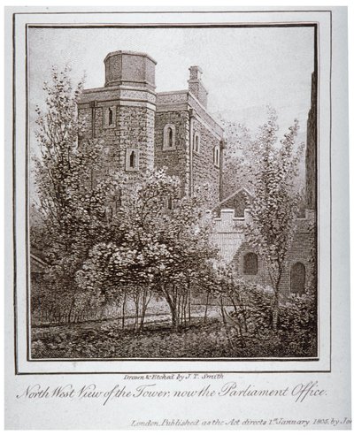 Luoteisnäkymä Jewel Towerista, Old Palace Yard, Westminster, Lontoo, c1805 tekijältä John Thomas Smith