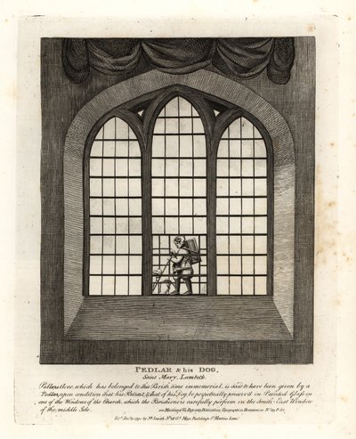 Pedlar ja hänen koiransa Saint Mary-at-Lambethin kirkon lasimaalauksissa tekijältä John Thomas Smith