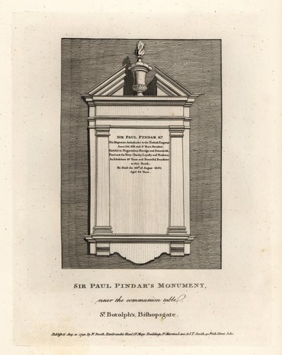 Sir Paul Pindarin muistomerkki lähellä ehtoollispöytää St Botolphissa, Bishopsgatessa tekijältä John Thomas Smith