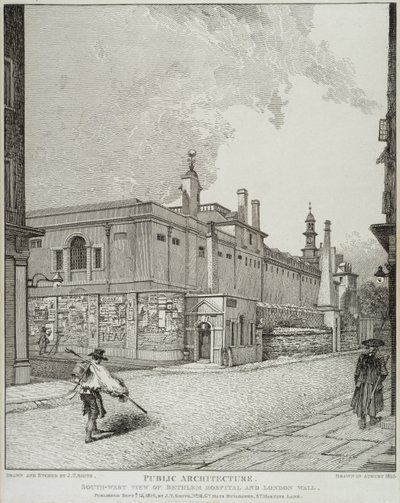 Lounaisnäkymä Bethlemin sairaalasta ja Lontoon muurista, 1814 tekijältä John Thomas Smith