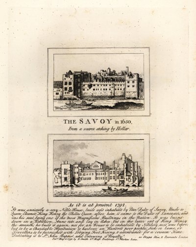 Savoy-sairaala vuonna 1650 Wenceslaus Hollarin vedosta ja raunioina vuonna 1792 tekijältä John Thomas Smith