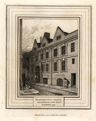 Leathersellers Hallin pääsisäänkäynti tai katu, purettu 1799 tekijältä John Thomas Smith