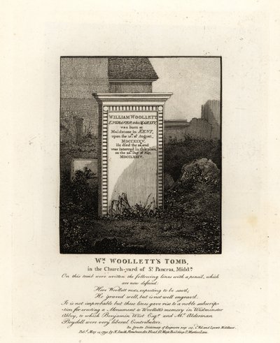 Vuonna 1735 kuolleen kuninkaallisen kaivertajan William Woollettin hauta St Pancrasin kirkkopihalla Middlesexissä tekijältä John Thomas Smith