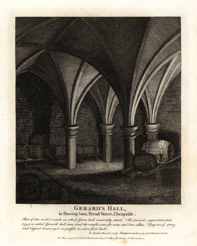 Maanalaiset holvit Gerards Hall Innissä Basing Lane, Bread Street, Cheapside tekijältä John Thomas Smith