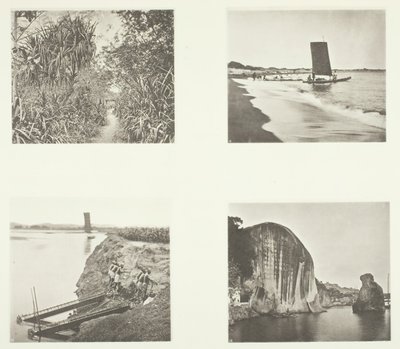 Maatie lähellä Taiwanfua, katamaraani, ketjupumput, kalliokirjoitukset, Amoy, c. 1868. tekijältä John Thomson