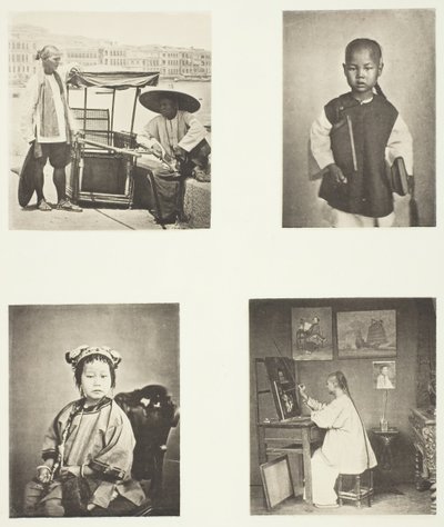 Hongkongin sedan-tuoli, kiinalainen koulupoika, kiinalainen tyttö, hongkongilainen taiteilija, n. 1868. tekijältä John Thomson