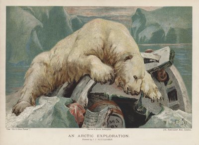 Arktinen tutkimus: jääkarhu, joka tutkii esineitä arktiselta tutkimusmatkalta (chromolitho) tekijältä John Trivett Nettleship