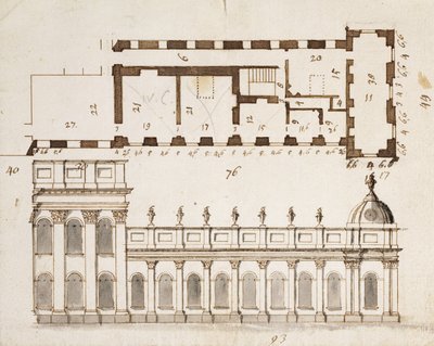 Castle Howard, Yorkshire: Varhainen suunnittelu Etelä-tai Garden Frontin kolmelle lahdelle ja yhdeksälle lahden yksikerroksiselle sivusuunnalle pohjapiirroksella, n. 1699 (kynä) tekijältä John Vanbrugh