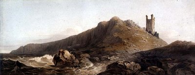 PD.10-1997 Dunstanburghin linna: Lilburn Tower, n. 1809 (grafiitti ja akvarelli paperille) tekijältä John Varley