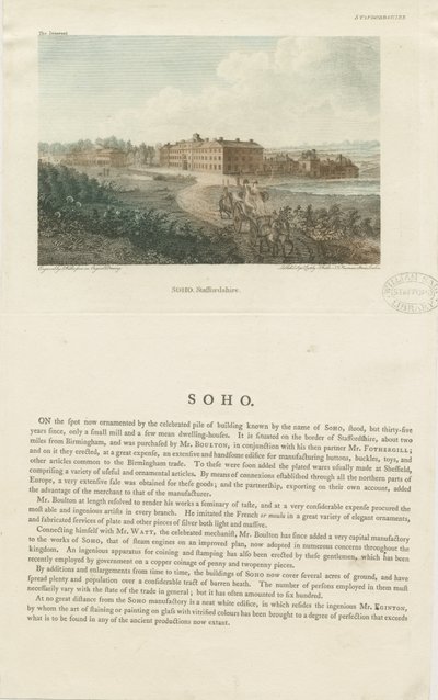 Soho Manufactory: värillinen kaiverrus, nd [c 1798] tekijältä John Walker