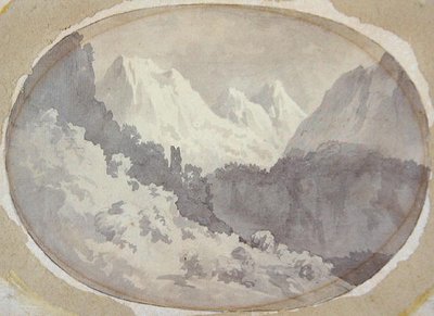 Alppikohtaus (harmaa pesu grafiitin päällä paperilla) tekijältä John Warwick Smith