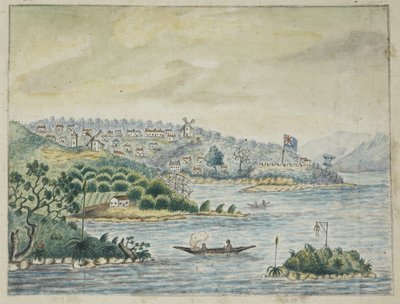 Lisätä. 13880, f.79 Näkymä Britannian siirtomaasta. Etualalla alkuasukkaat kanootissa, Minerva-kuljetuksessa pidetystä Journalista Irlannista Uuteen Etelä-Walesiin ja Bengaliin, kirjoittanut John Washington Price tekijältä John Washington Price
