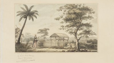 45: Näkymä haudalle, sarjasta akvarelleja, jotka kuvaavat kapteeni Cookin viimeistä matkaa, n. 1773-1784 (akvarelli paperille) tekijältä John Webber