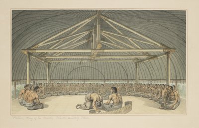 7: Poulaho, Ystävällisten saarten kuningas, juo Kavaa kapteeni Cookin viimeistä matkaa kuvaavasta vesivärisarjasta, n. 1773-84 tekijältä John Webber
