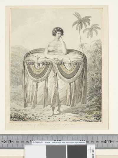 F.12 Nuori nainen Otaheitesta tuomassa lahjaa, n. 1773-84 (akvarelli) tekijältä John Webber