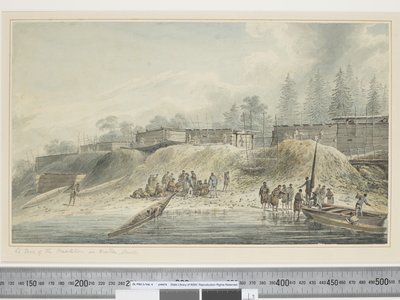F.23 Näkymä Nootka Soundin asutuksista, n. 1773-84 (akvarelli) tekijältä John Webber