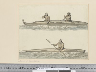 F.30 Oonalashkan kanootit, Prinssi Williamin ääni, n. 1773-84 (akvarelli) tekijältä John Webber