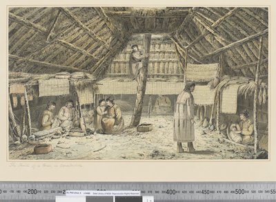 F.34 Talon sisäpuoli Oonalashkassa, n. 1773-84 (akvarelli) tekijältä John Webber