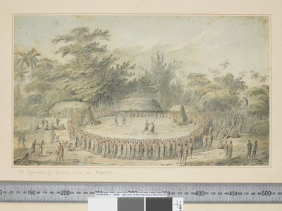 F.4 Kapteeni Cookin vastaanotto Hapaeessa, n. 1773-1784 (akvarelli- ja painokaiverrukset) tekijältä John Webber