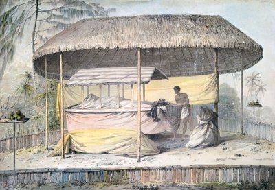 Hautajaiset kuolleen katoksen alla, Tahiti, Society Islands, akvarelli John Webber (1750-1793) kuvauksesta kapteeni James Cookin viimeisestä matkasta (1776-1779), Polynesia tekijältä John Webber