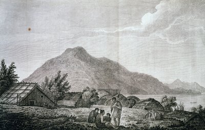 Hippan sisällä Motuaran saarella, perustuu John Webberin (1750-1793) piirustukseen, James Cookin (1776-1779) viimeisestä matkasta. kaiverrus tekijältä John Webber