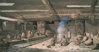 Nootkan intiaanitalon sisustus, John Webber, piirustus tekijältä John Webber