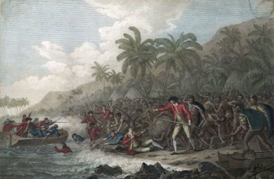 Kapteeni James Cook (1728-1779, brittiläinen tutkimusmatkailija) tappoi Havaijin alkuperäisasukkaiden Kealakekua Bayssä, Sandwichsaarilla (Polynesia), vuonna 1779 - Kapteeni James Cookin kuolema 14. helmikuuta tekijältä John Webber