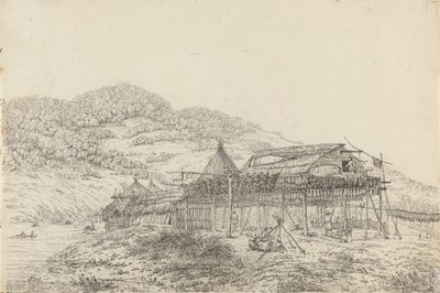 Balaganit eli kesäasunnot kalankuivausmenetelmällä St. Peter and Paulissa, Kamtschatkassa tekijältä John Webber