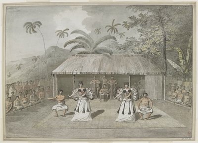 [Koko piirustus] Tanssi tai heiva Otaheitellä [Tahiti]. Kaksi miestä ja kaksi naista tanssivat, takana rumpali ja katsojia molemmilla puolilla. syyskuuta 1777 tekijältä John Webber