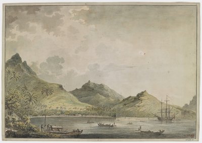 [Koko piirustus]. Näkymä Huahinen satamaan [Fare Harbour]. taustalla huippuvuoret, mukaan lukien Mount Turi. Lahdessa on "Resolution" ja monia alkuperäisiä veneitä, ja rannalla ryhmä alkuperäiskansoja hoitaa kaksinkertaista kanoottia, jossa on kansihuone. tekijältä John Webber