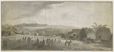 [Koko piirustus] Piirros kapteeni Cookin vierailusta Waimean kylään Atooissa [Kauai] tammikuussa 1778. Jotkut miehet pyörittävät tynnyreitä, toiset käyvät kauppaa havaijilaisten kanssa. Oikealla kaksi alkuperäisasukkaa, jotka kantoivat sikaa tankoon. Niide tekijältä John Webber