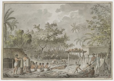 [Koko piirustus] Ihmisuhri suurella morailla Attahouroossa [Utuaimahuraussa] Tahitissa, kapteeni Cook todistajana 1. syyskuuta 1777. Sidottu hahmo etualalla, miehet kaivamassa kuoppaa ruumiille takana ja whatta sisältää kaksi koiraa ja thr tekijältä John Webber