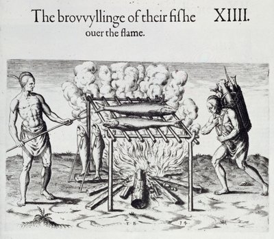 Cooking Fish, lautanen Thomas Harriotin (1560-1621) pubista "A Brief and True Report of the New Found Land of Virginia". 1590 tekijältä John White
