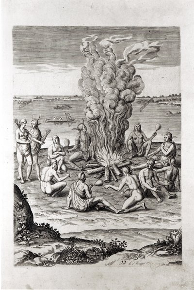 Intiaanit rukoilemassa tulen ympärillä, kaiverrus Hariotin kirjasta "A Briefe and True Report of... Virginia", 1590, kaivertanut Theodor de Bry (1528-98) tekijältä John White