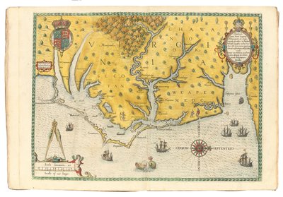 Virginian kartta, jossa näkyy Sir Walter Raleighin retkikunnan saapuminen vuosina 1585, 1590 tekijältä John White