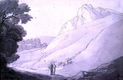 Mäkinen maisema kahdella hahmolla (kynä, muste ja akvarelli) tekijältä John White Abbott