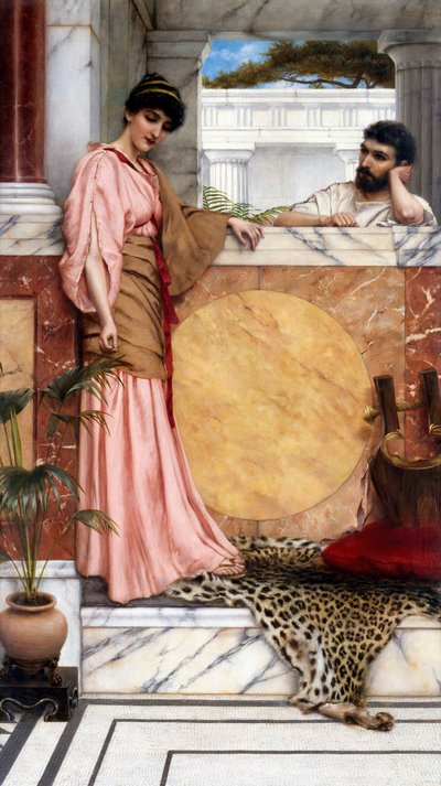 "Pariskunta antiikin aikana, aatelismiehen huvilassa (roomalaisessa), mies näyttää odottavan naisen vastausta. John William Godwardin (1861-1922) maalaus 1889 Yksityiskokoelma. tekijältä John William Godward