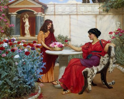 "Valinta". Antiikin Roomassa porvarillinen nainen istuu pedon nahalla päällystetyllä tuolilla ja valitsee kukan palvelustytön hänelle tarjoamien kukkien joukosta. John William Godwardin (1861-1922) maalaus 1907 Yksityiskokoelma. tekijältä John William Godward