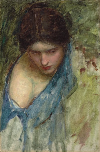 Nymfit löytämässä Orpheuksen päätä: luonnos nymfistä vasemmalla tekijältä John William Waterhouse