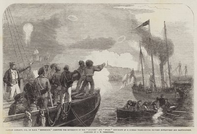 HMS Edinburghin kapteeni Hewlett, CB, ohjaa Snapper- ja Stork-tykkiveneiden liikkeitä venäläistä kolmikerroksista Gustafsvernin ja Bartholomewin välillä. tekijältä John Wilson Carmichael