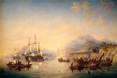 Erebus ja Terror Uudessa-Seelannissa, elokuu 1841, noin 1847 (öljy kankaalle). tekijältä John Wilson Carmichael