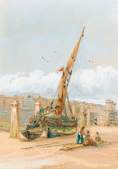 Kalastajat juoruilemassa rannalle joutuneen aluksen edessä, 1846 tekijältä John Wilson Carmichael