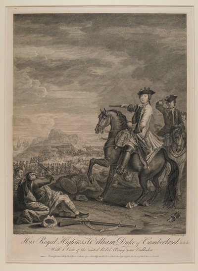 H.R.H. William (1721-65) Cumberlandin herttua näkemyksenä syrjäytettyyn armeijaan lähellä Cullodenia, 1746, julkaisija B. Baron, 1747 tekijältä John Wootton