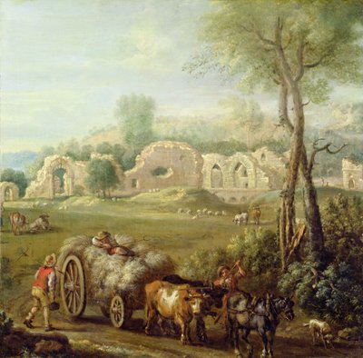Heinäkärry ohittaa tuhoutuneen luostarin, n. 1740-1750 (öljy kankaalle) tekijältä John Wootton