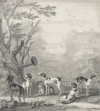 Hounds in a Landscape (grafiitti, kynä, ruskea muste ja harmaa pesuaine) tekijältä John Wootton