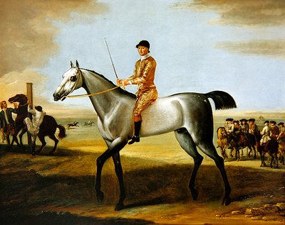 Rutlandin herttuan kuuluisa harmaa kilpahevonen Coneyskins jockeyn kanssa Newmarket Heathissä (öljy kankaalle) tekijältä John Wootton