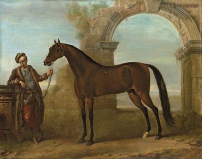 Godolphin Arabien, sulhanen hallussa, maisemassa, jossa on raunioitu kaari, 1731 tekijältä John Wootton
