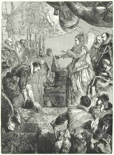Sir Francis Drake vastaanottaa ritarikunnan kuningatar Elizabeth I:ltä, 1581 tekijältä John after Gilbert